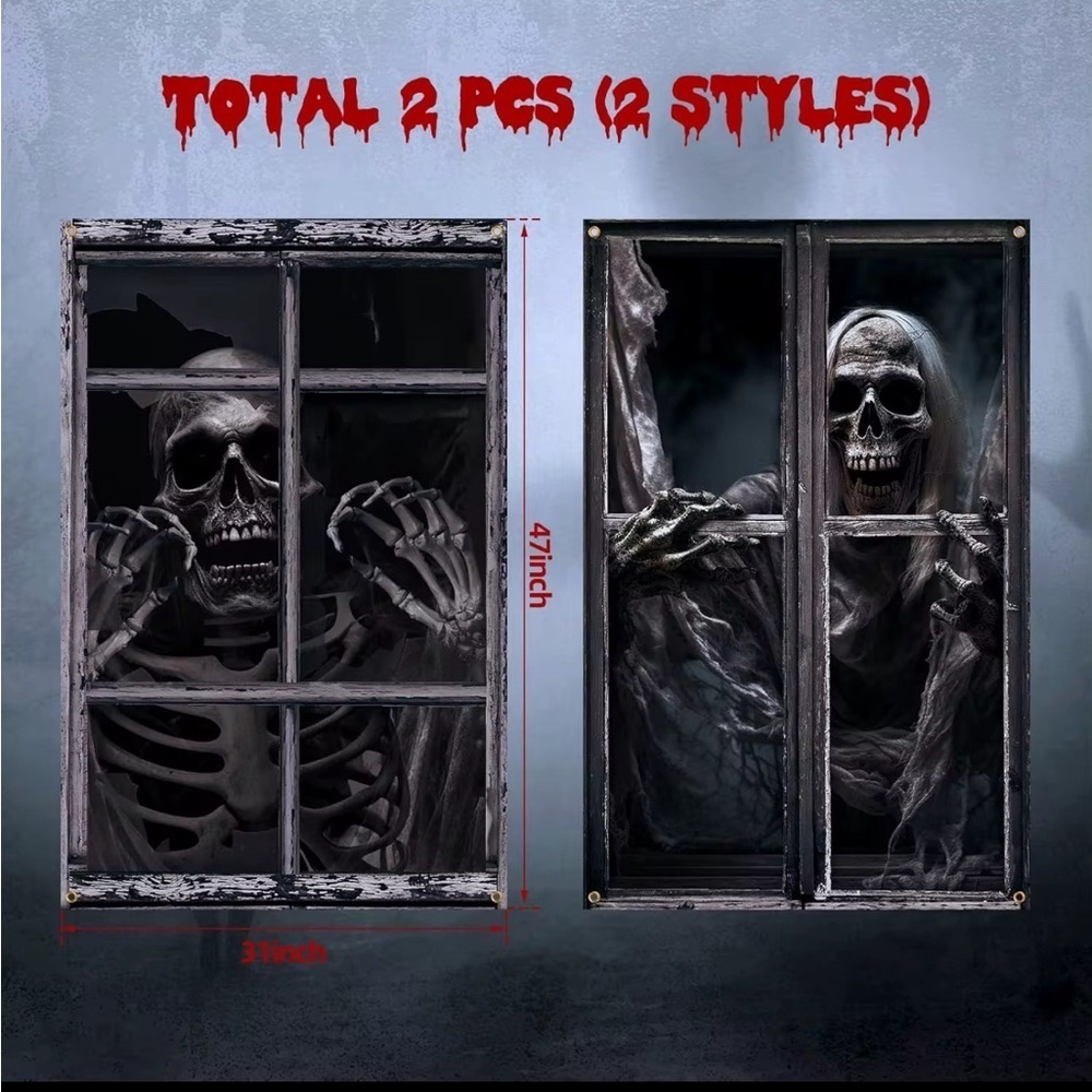 2PCS Skeleton Halloween Window Posters Horror Decoration Haunted House Props